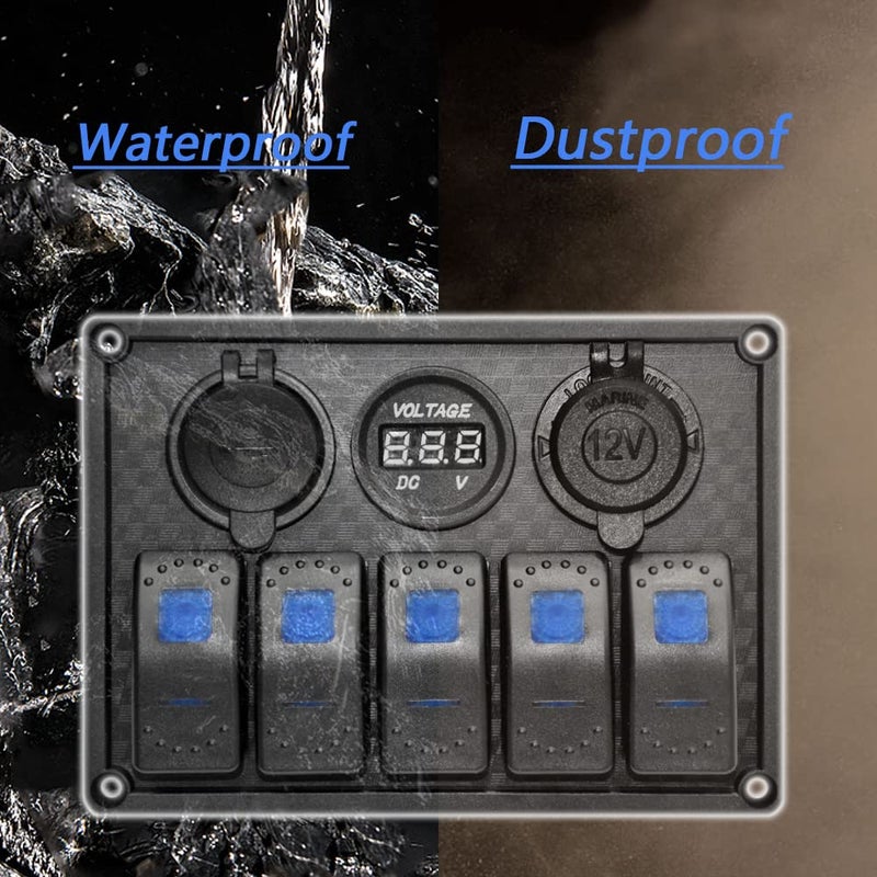 Garfour 5 Gang Boat Switch Panel Waterproof Rubber Panel Dual 3.1A USB 12V Slot Socket LED Light Voltmeter Rocker Switch Panel for Car Boat Truck - Image 2
